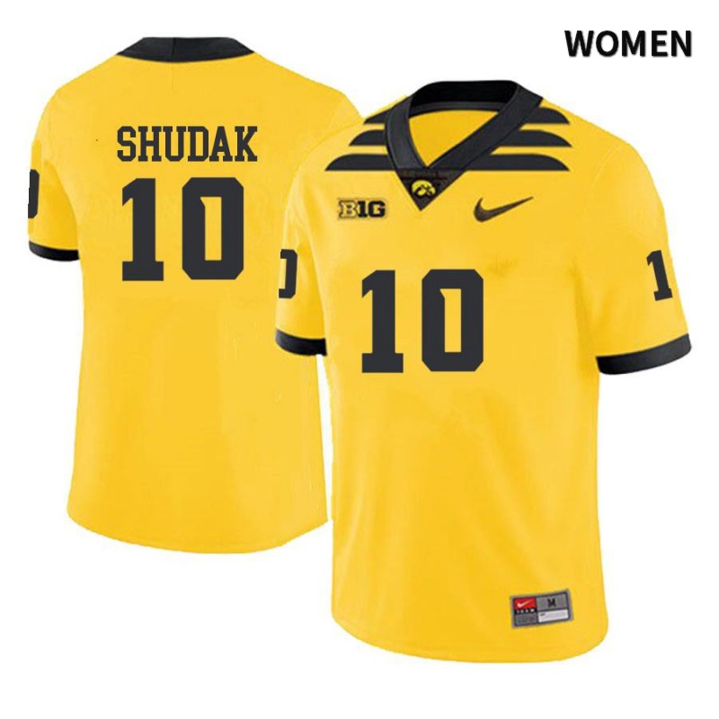 Women's Iowa Hawkeyes NCAA #10 Caleb Shudak Yellow Authentic Nike Alumni Stitched College Football Jersey BI34B37AG